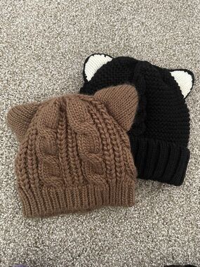 Knit Cat Ear Beanie Hat - Brown and Black